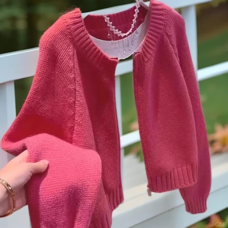 2025秋冬新款玫红色设计感毛衣外套女韩系小众宽松慵懒风针织上衣
