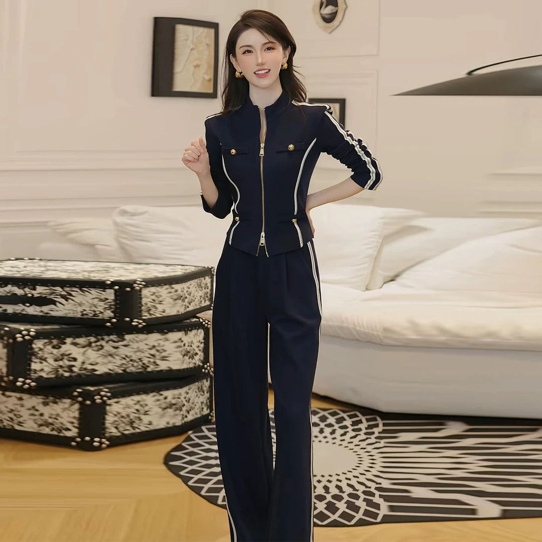 韩版休闲运动套装秋季新款女修身立领拉链卫衣直筒长裤两件套显瘦