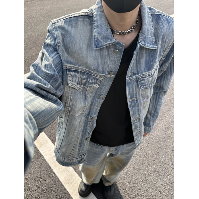 美式街头肌理感水洗重工牛仔夹克男春秋新款宽松休闲小众垫肩外套