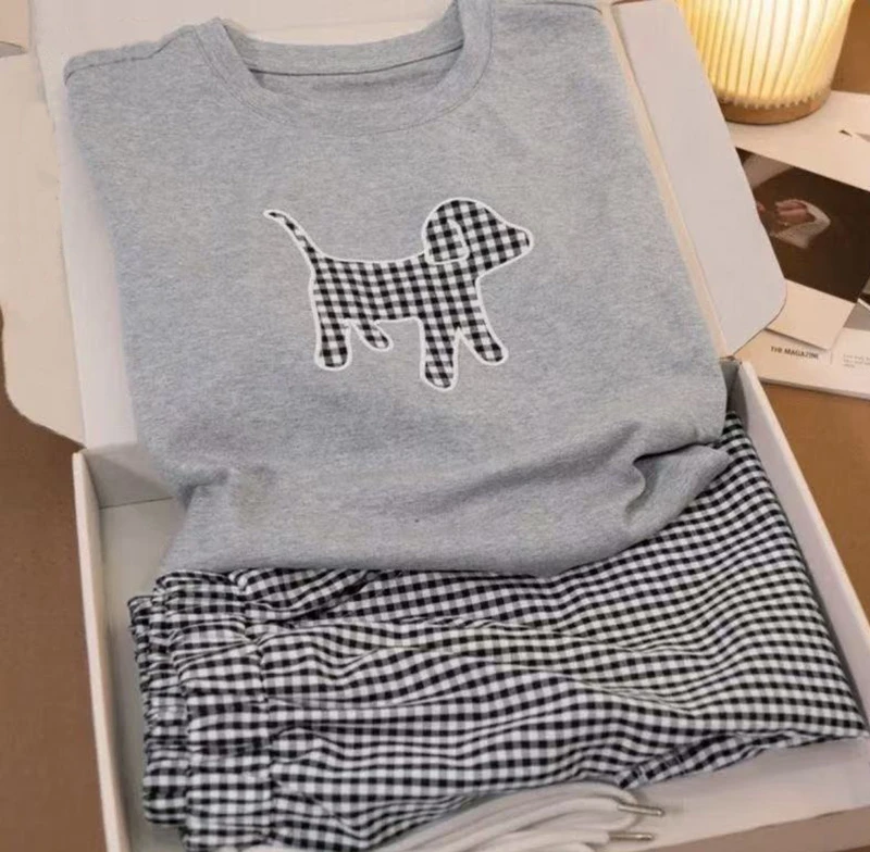 夏季纯棉睡衣女带胸垫短袖短裤长裤三件套家居服套装灰色格子睡衣