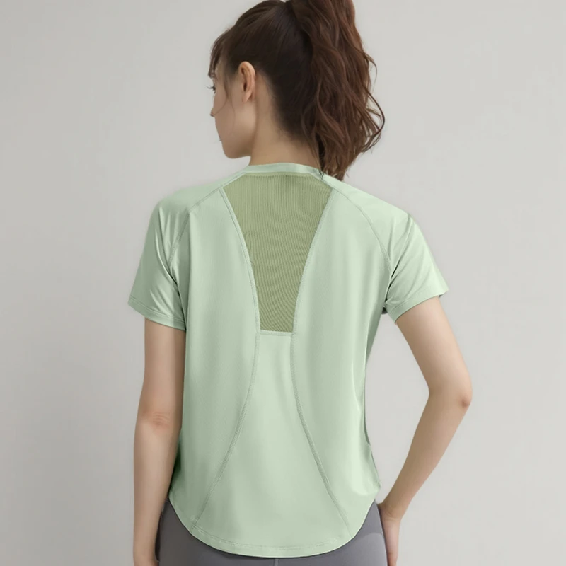 美背透气网纱拼接健身短袖速干宽松圆领吸湿排汗瑜伽罩衫运动休闲