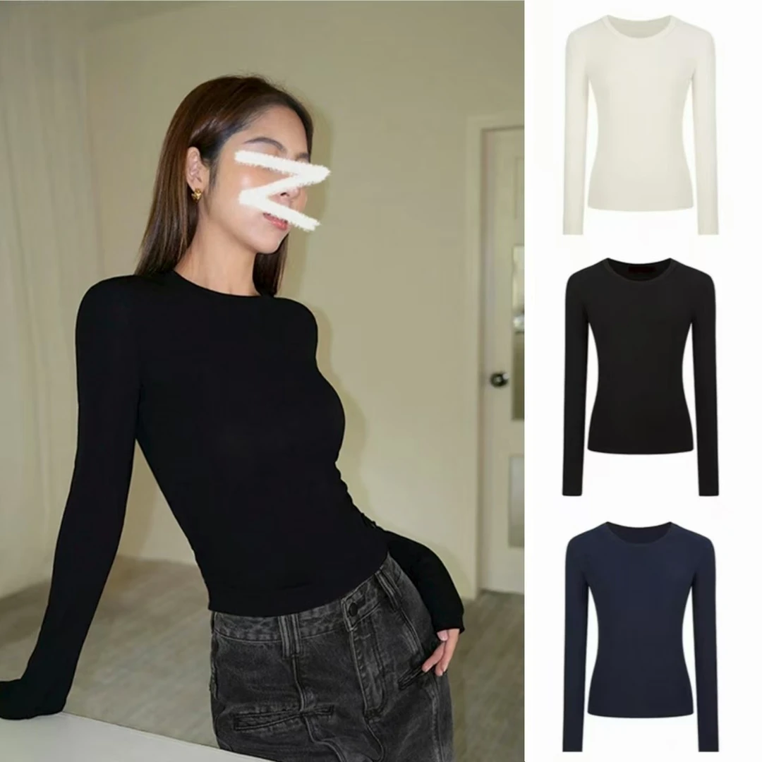 紧身正肩t恤女长袖秋冬新款百搭打底衫修身磨毛加厚纯色内搭上衣