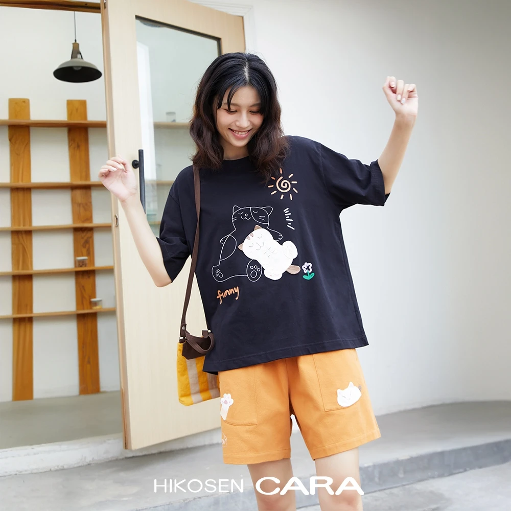 HIKOSEN CARA卡拉猫短袖T恤上衣学生女士夏季宽松半袖纯棉百搭