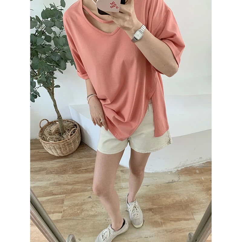 开叉镂空V领纯色短袖T恤 2025夏季新款休闲上衣1265