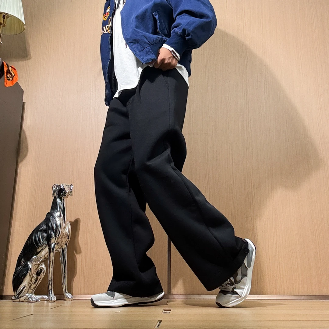 秋冬高级感纯色阔腿男潮牌痞帅运动休闲弯刀裤宽松拖地长裤子秋季