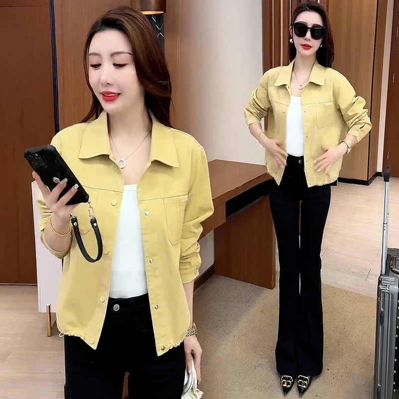 高含棉韩版时尚纯色短款牛仔外套女2025年春季新款翻领显瘦上衣潮