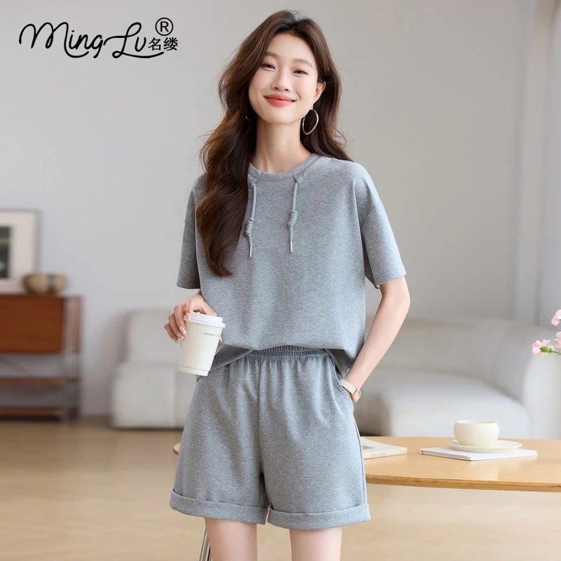 2025新款夏季冰丝短袖t恤女宽松显瘦休闲运动套装女高级感两件套
