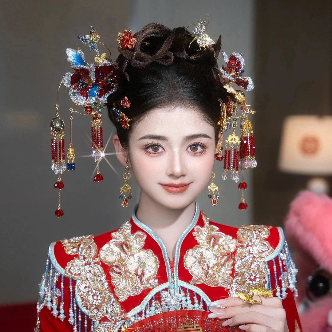 金红蓝色秀禾新娘头饰新中式汉服旗袍古风水凝胶重工分体发饰古风