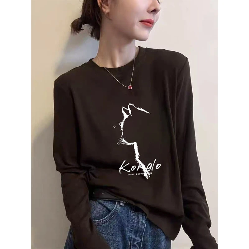 2025女热卖螺纹长袖打底衫小众深咖啡色时尚百搭美式圆领T恤