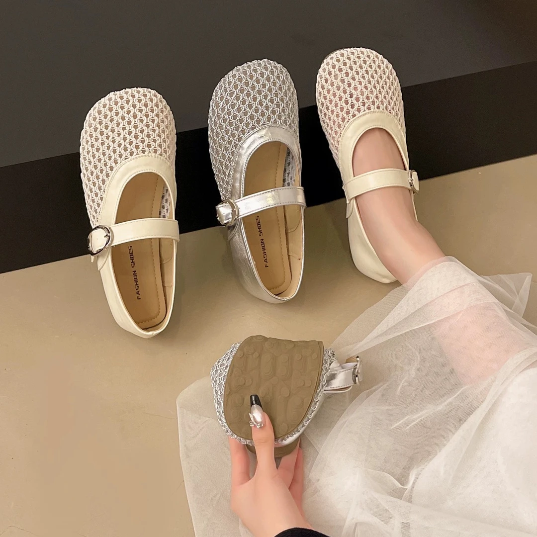 平底网面透气单鞋女夏2025新款银色小皮鞋软底玛丽珍鞋配裙子凉鞋