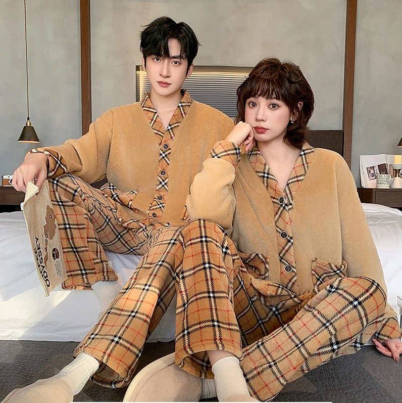 情侣睡衣女秋冬雪花绒常规厚度加绒保暖男士冬季家居服可外穿套装