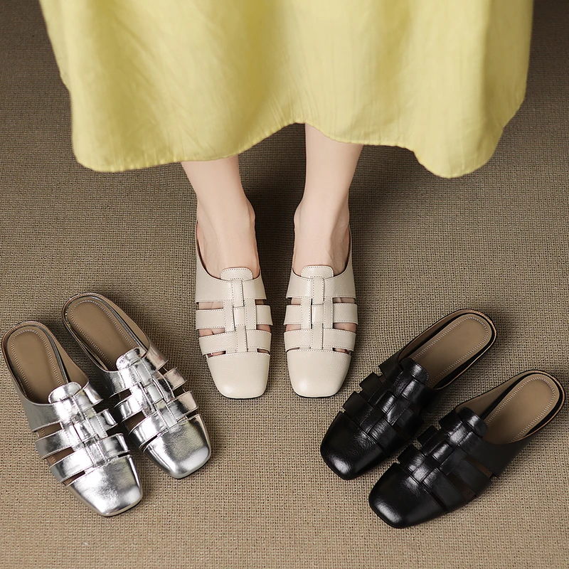 4cm/夏季镂空真皮包头半拖鞋女百搭内增高中跟罗马凉拖