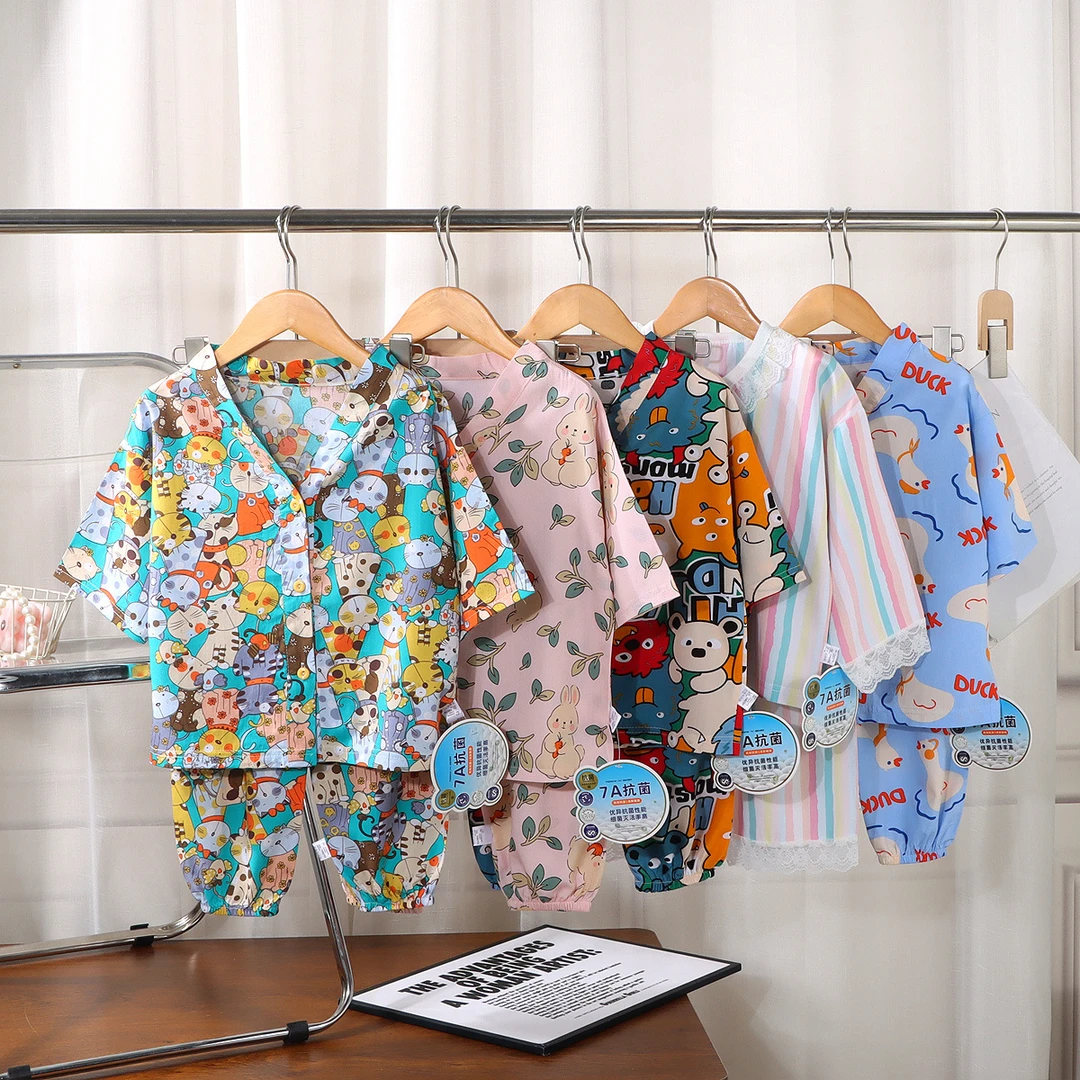 【7A抗菌】夏季儿童睡衣棉绸男女中大童透气薄款短袖空调柔软家居服