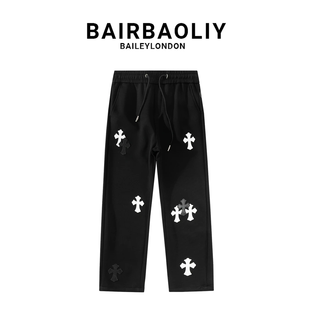 BAIRBAOLIY欧潮高端重工艺刺绣十字拼皮直筒修身休闲纯黑卫裤男装