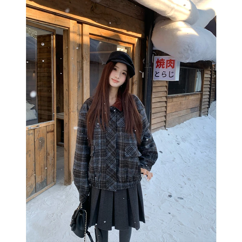 橘子树在哪儿复古格纹毛呢夹克外套女秋冬棕褐慕斯保暖短外套上衣