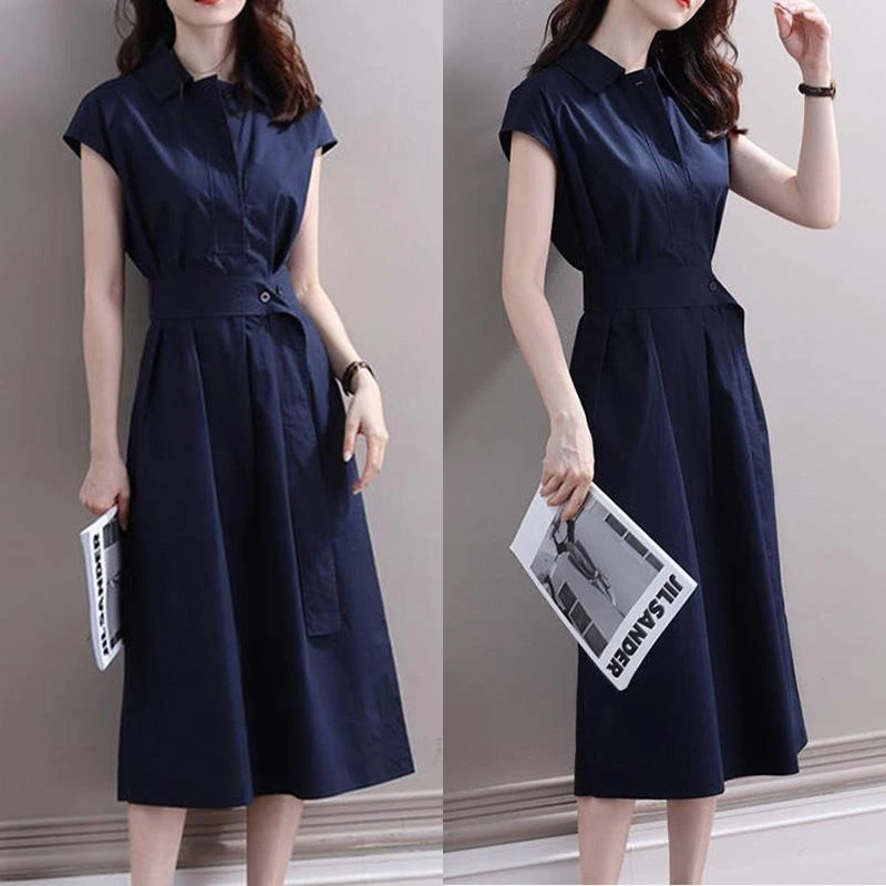 韩版polo领衬衫连衣裙女夏季新款高级感法式收腰中长款气质长裙子