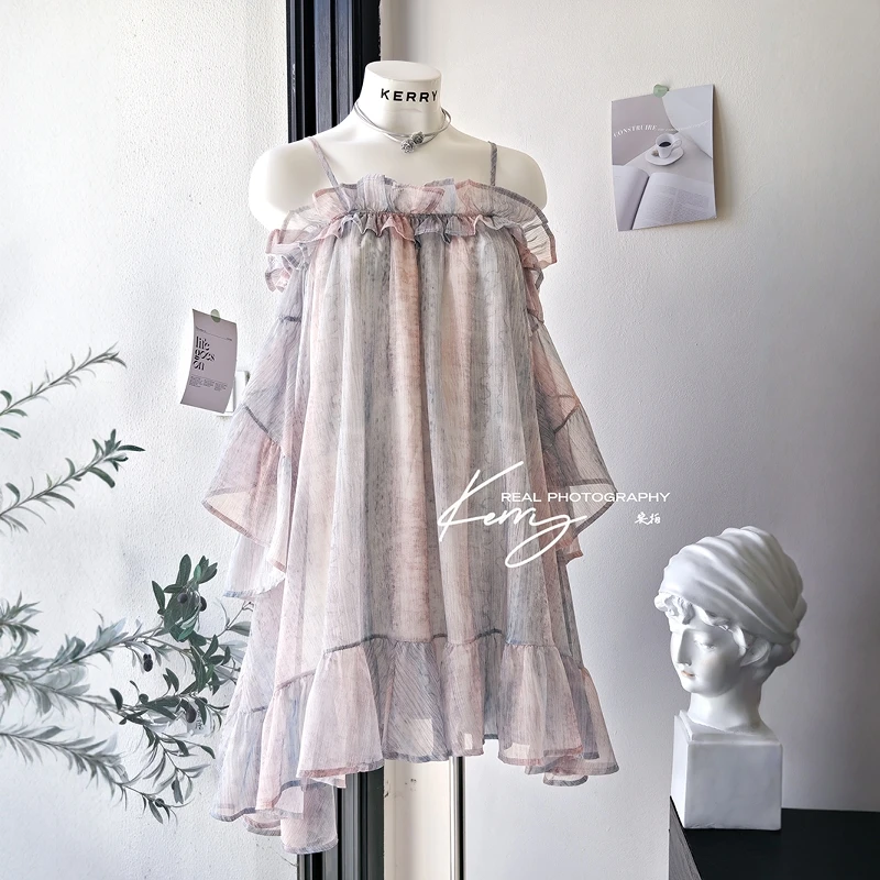 Kerry【花房】甜美一字肩吊带抹胸连衣裙设计感荷叶边气质短裙