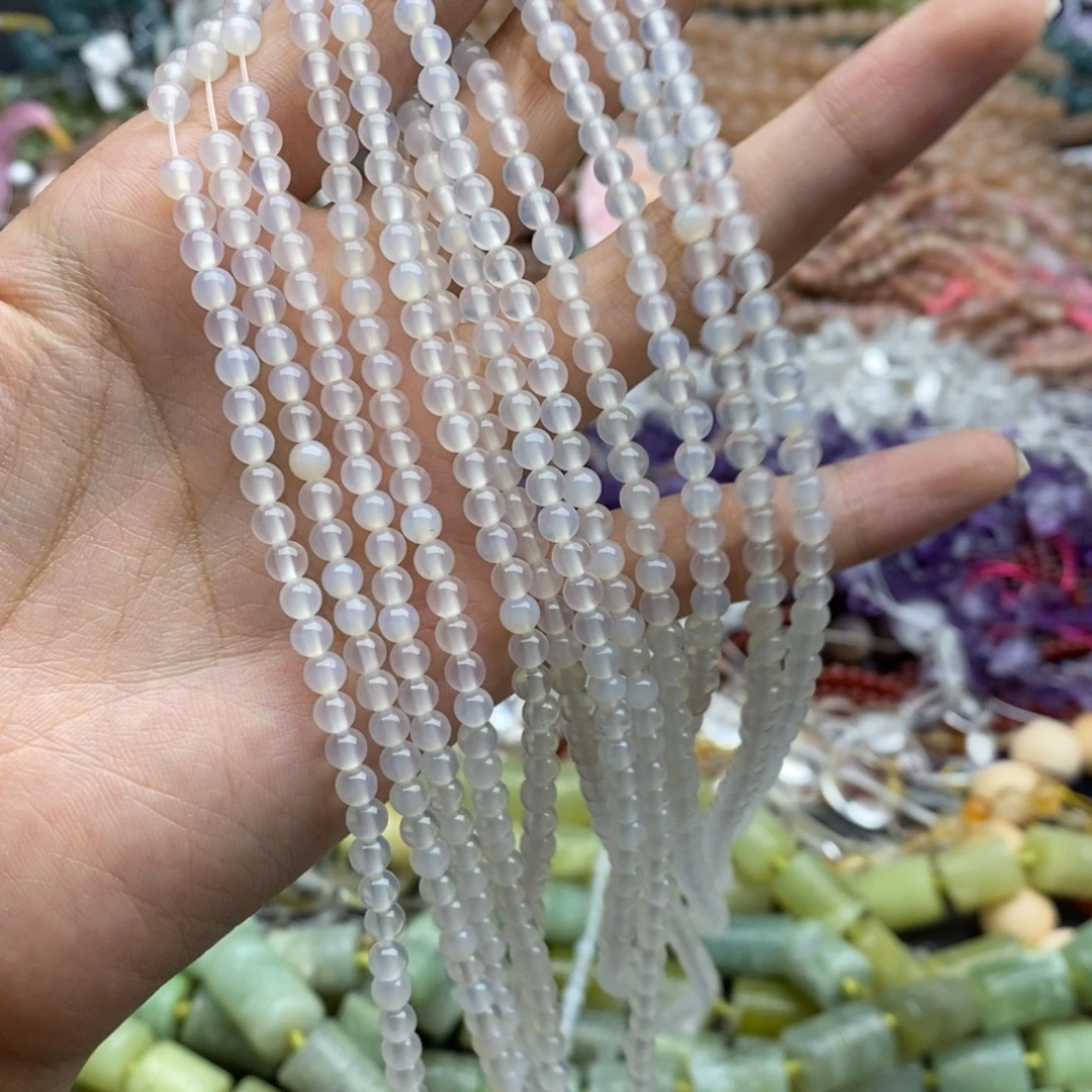 未镶嵌玛瑙/玉髓珠宝半成品一条纯天然荔枝冻白玛瑙圆珠4mm