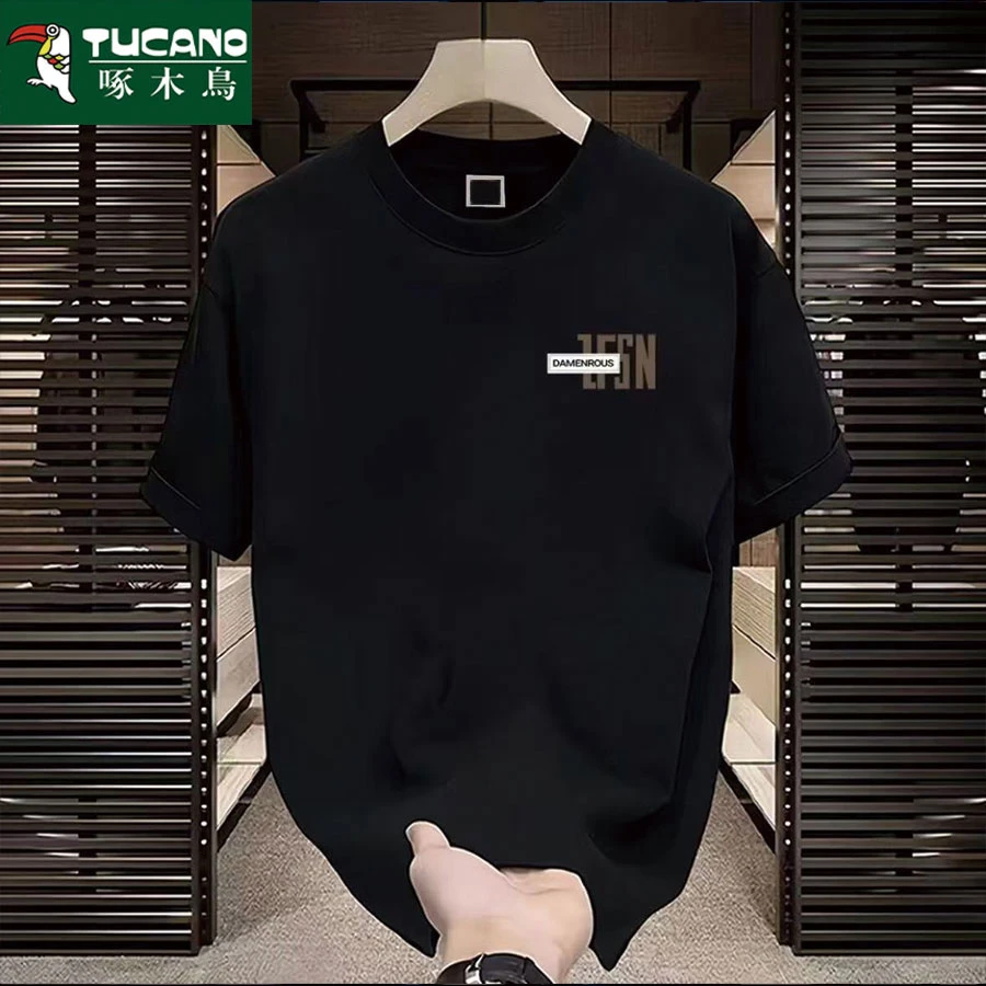 啄木鸟夏季纯棉短袖t恤潮流宽松圆领休闲百搭印花全棉半袖男士