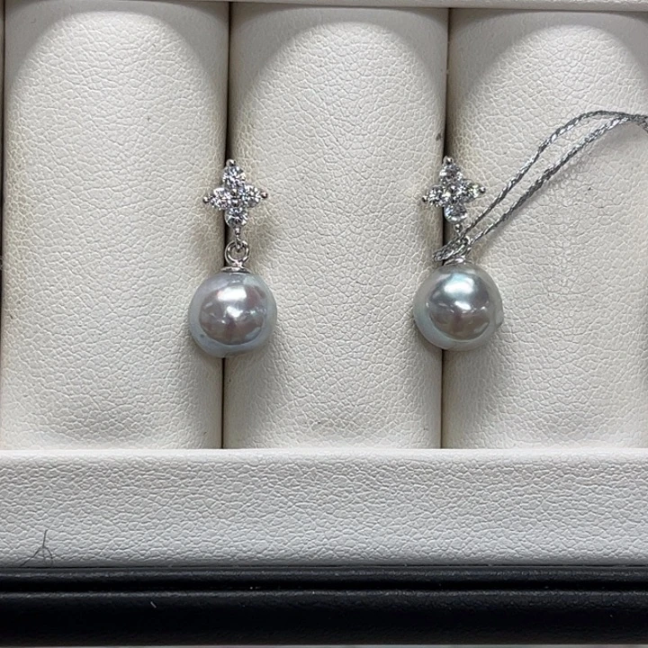 银S925镶嵌耳饰海水珍珠8-9mm 48号