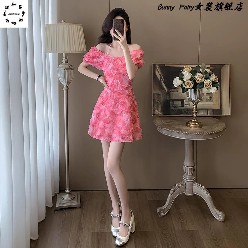 夏季短袖高端法式气质a字公主裙小个子小香风挂脖连衣裙女高级感