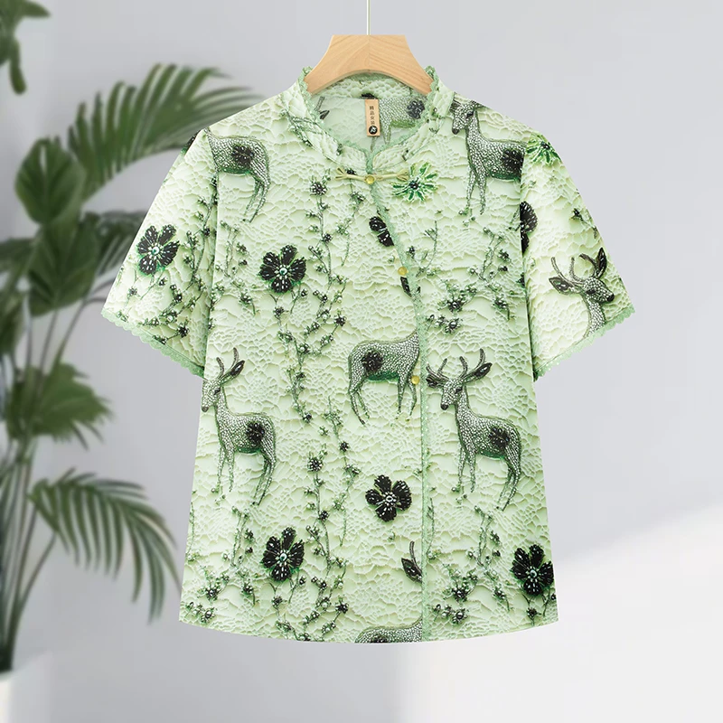 妈妈夏装2025新款提花时尚洋气小衫中老年女装大码宽松上衣