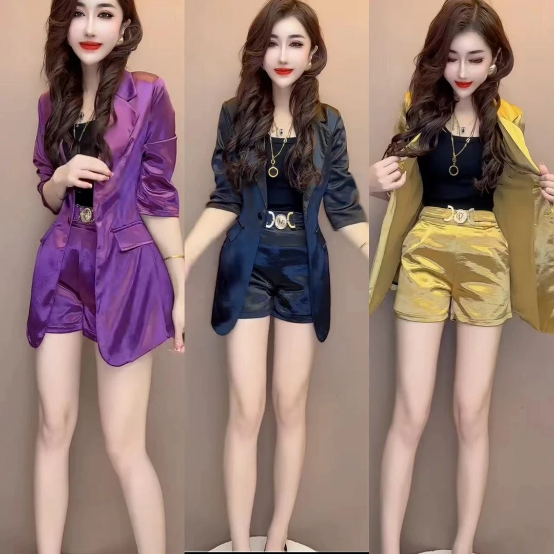 西装短裤两件套亮面西服彩色西服领外套西装套装潮1837