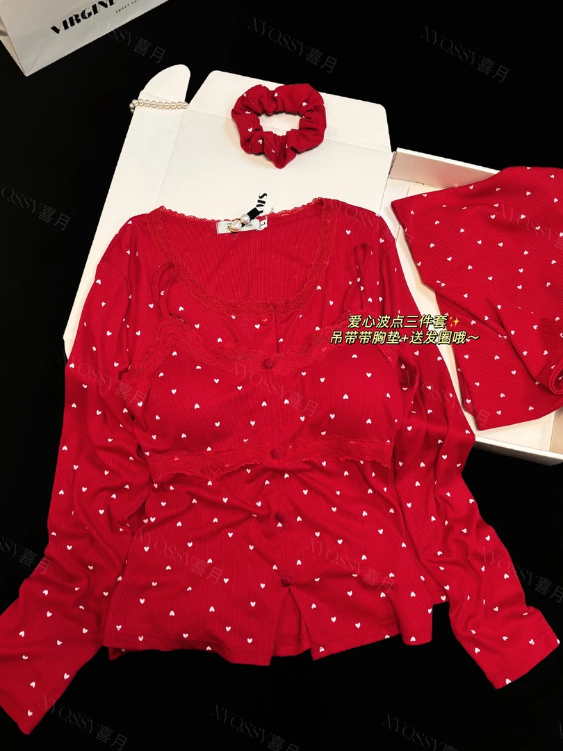 梦露甜美少女爱心红色代尔棉吊带睡衣三件套自带胸垫可外穿家居服