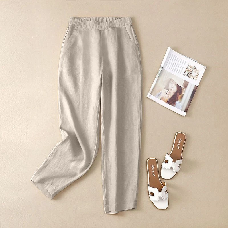 【现货+高品质】出口意大利外贸女装夏棉麻女裤宽松休闲大码九分裤