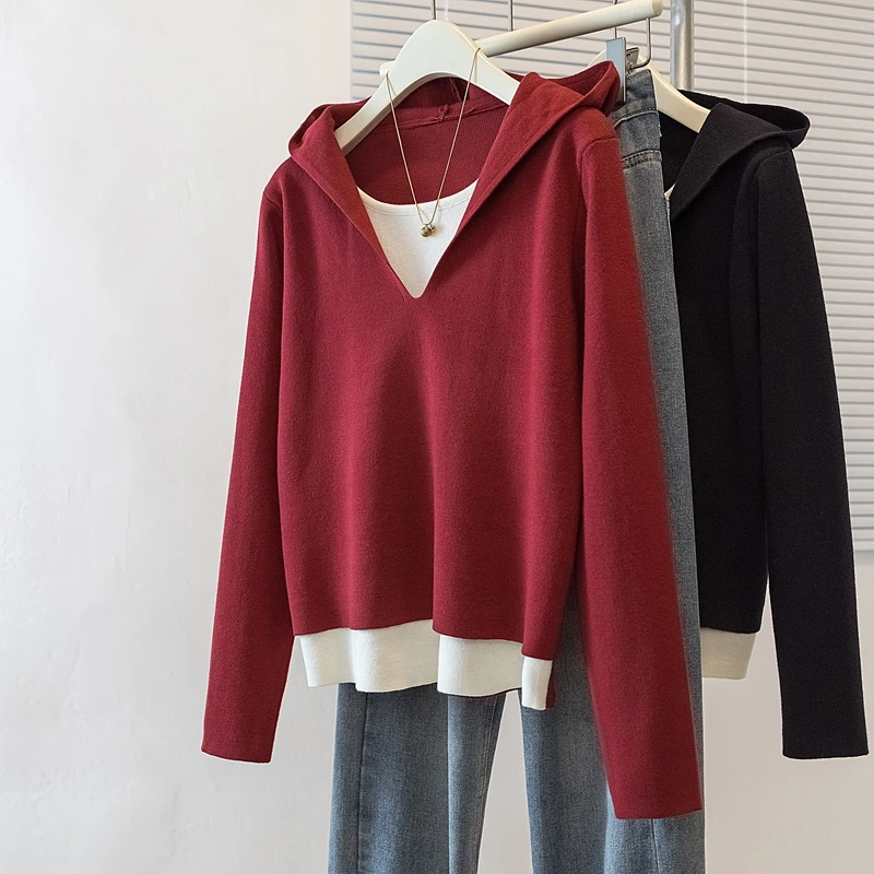假两件安可拉红连帽针织衫女秋季新款韩系设计感时尚百搭长袖上衣