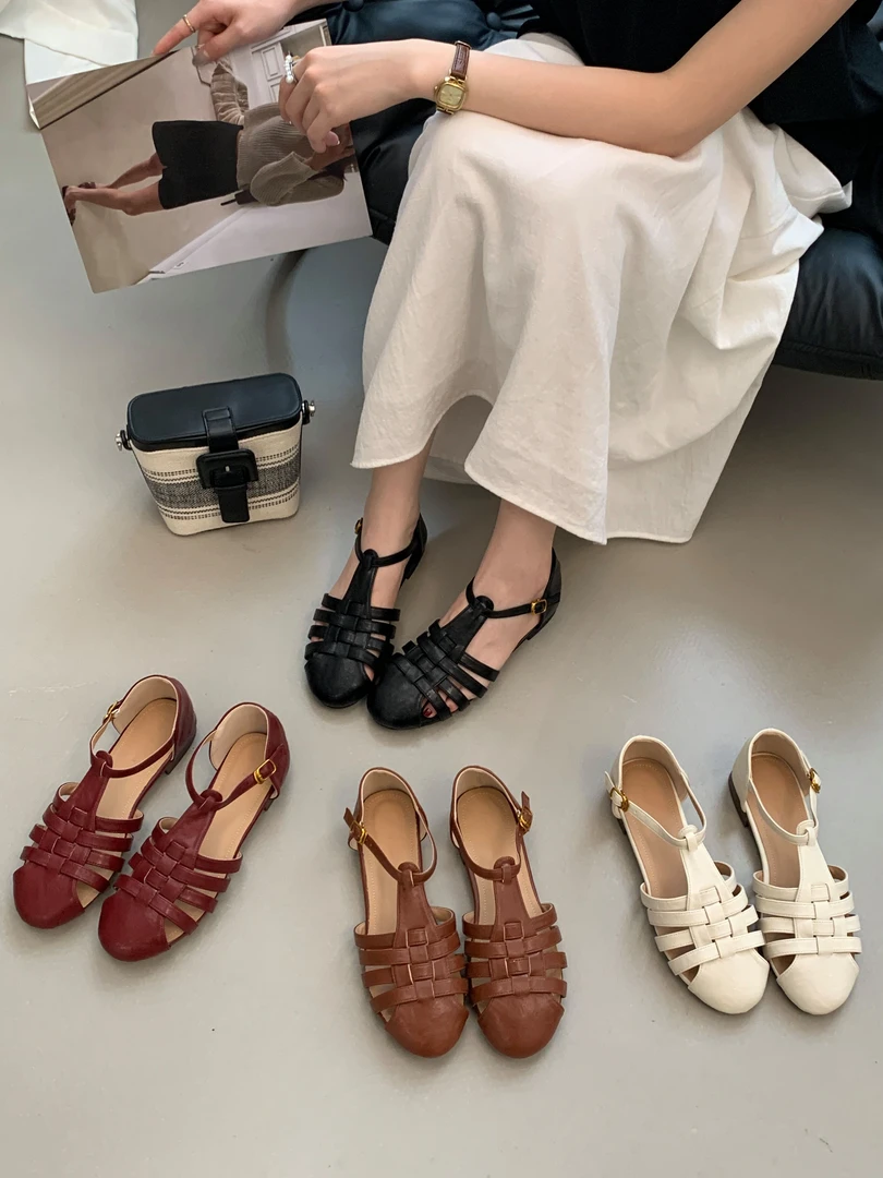 823-6 爆款包头凉鞋女2025新款夏季复古中空编织镂空平底罗马鞋
