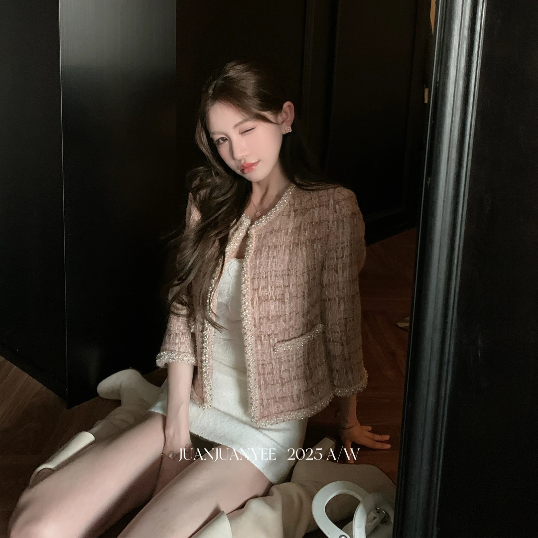 juanjuanyee【蔷薇】多色特种纱线羊毛手工钉钻名媛7分袖小香外套