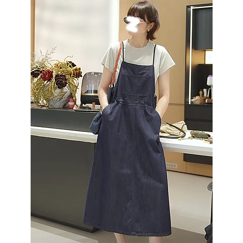 2025夏季流行漂亮小众不撞款牛仔背带连衣裙长裙子短袖t恤套装女