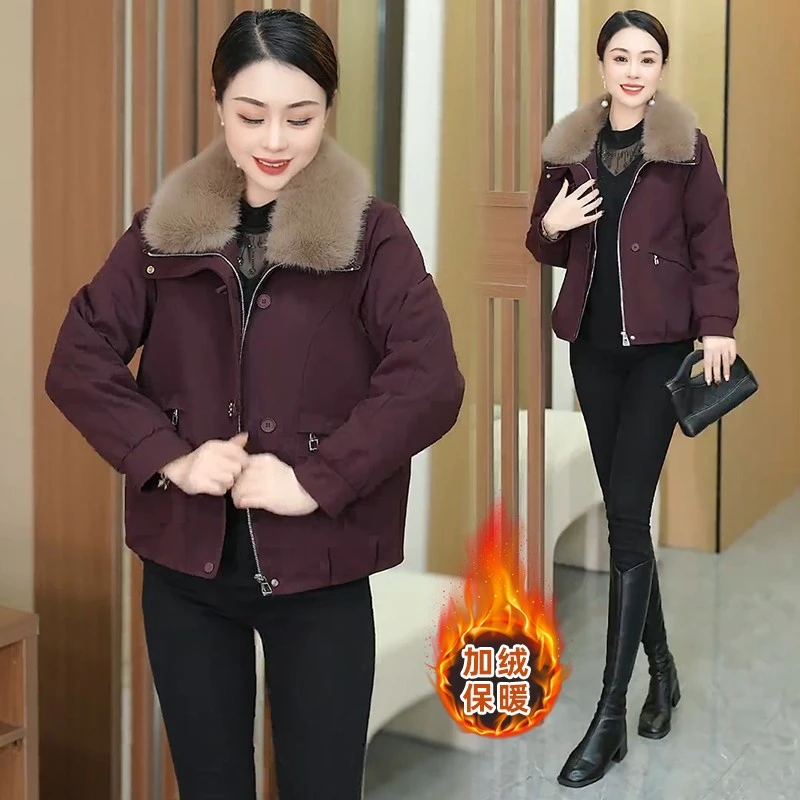 【HT-2575】2025年新款秋冬款妈妈保暖时尚气质款毛领棉外套女