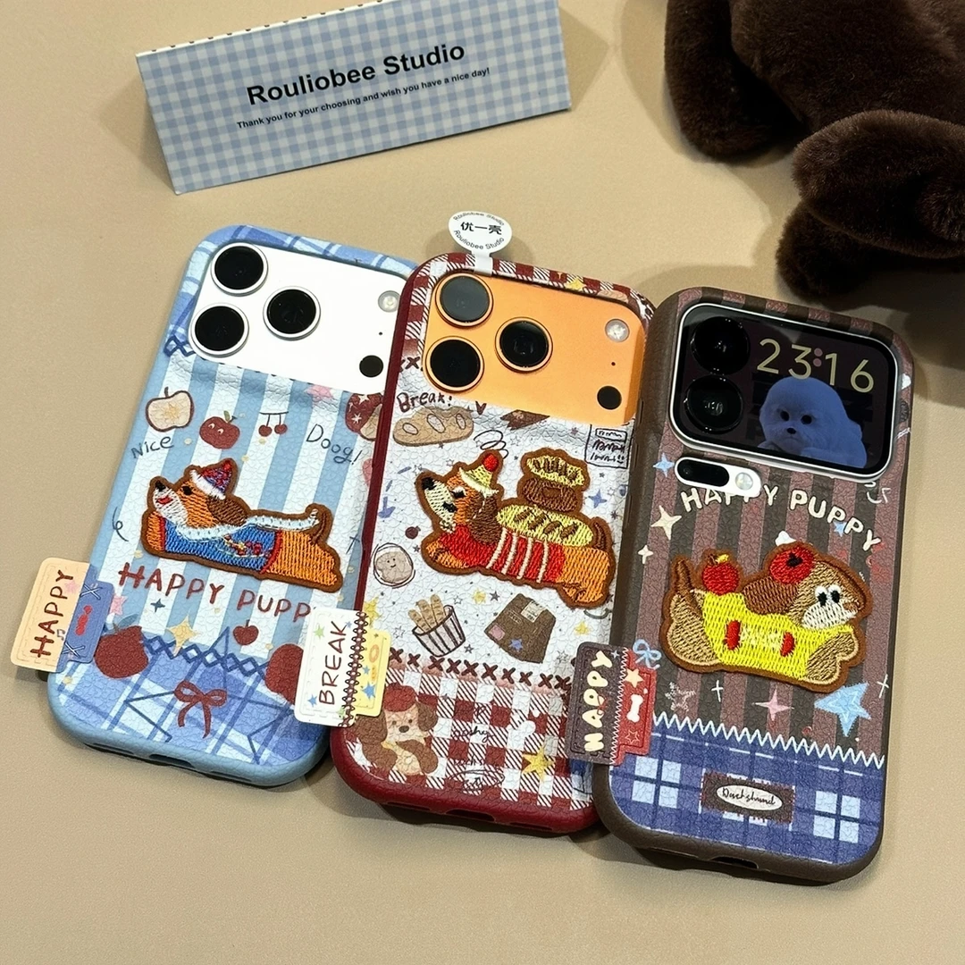 毛衣小狗刺绣标签适用苹果17/16promax手机壳华为vivoppo小米一加
