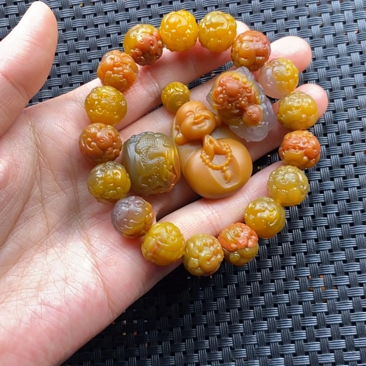 重***启玛瑙/玉髓未镶嵌手串战国红手串加挂件