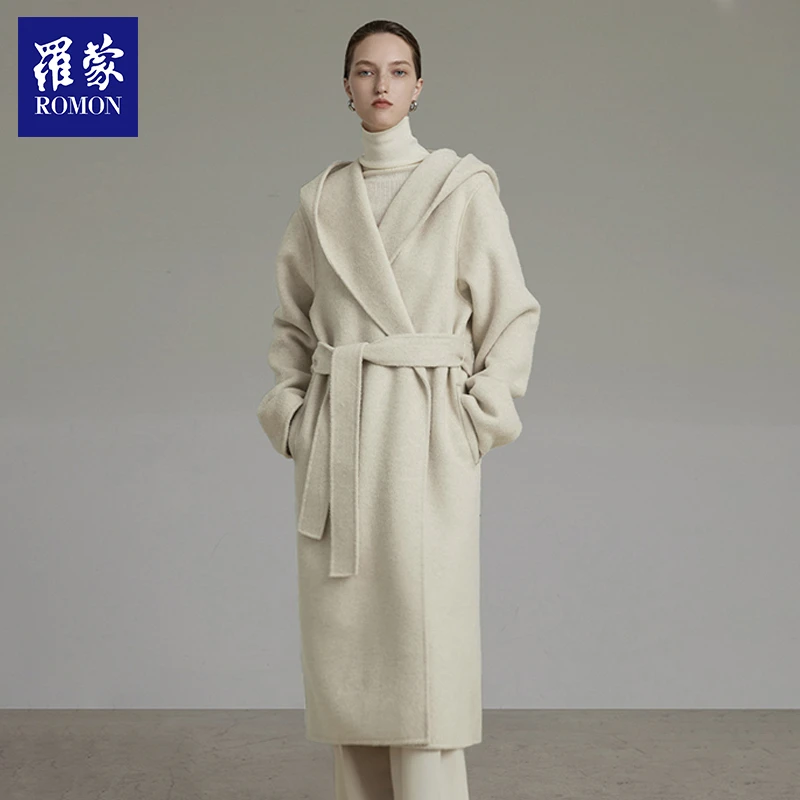 【GCTY】罗蒙女士秋冬新款长款带帽蚕丝驼绒羊毛大衣MN320868