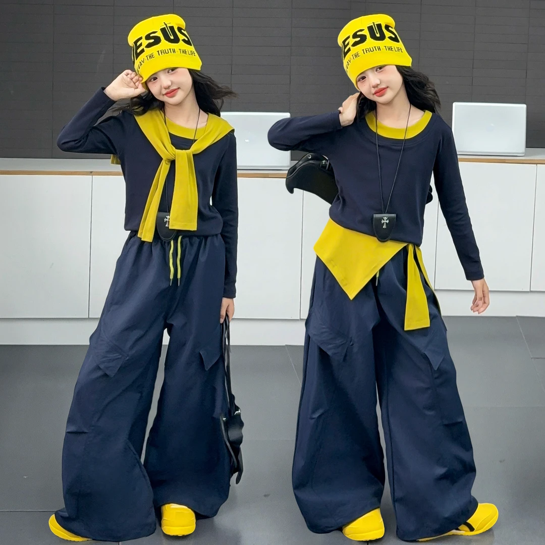 女童秋季长袖工装裤套装2025新款洋气7-15岁休闲秋装韩版两件套潮