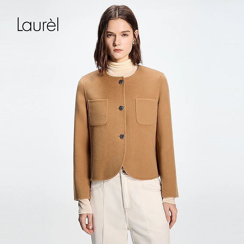 Laurel劳芮25秋新款驼色无领短款大衣LWD343D02700