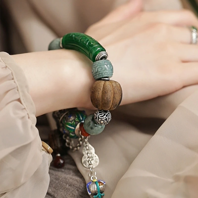 +<一禅兄>925银石英质玉珐琅灯笼珠香香吉牌瓜珠玛瑙葫芦弯管手串