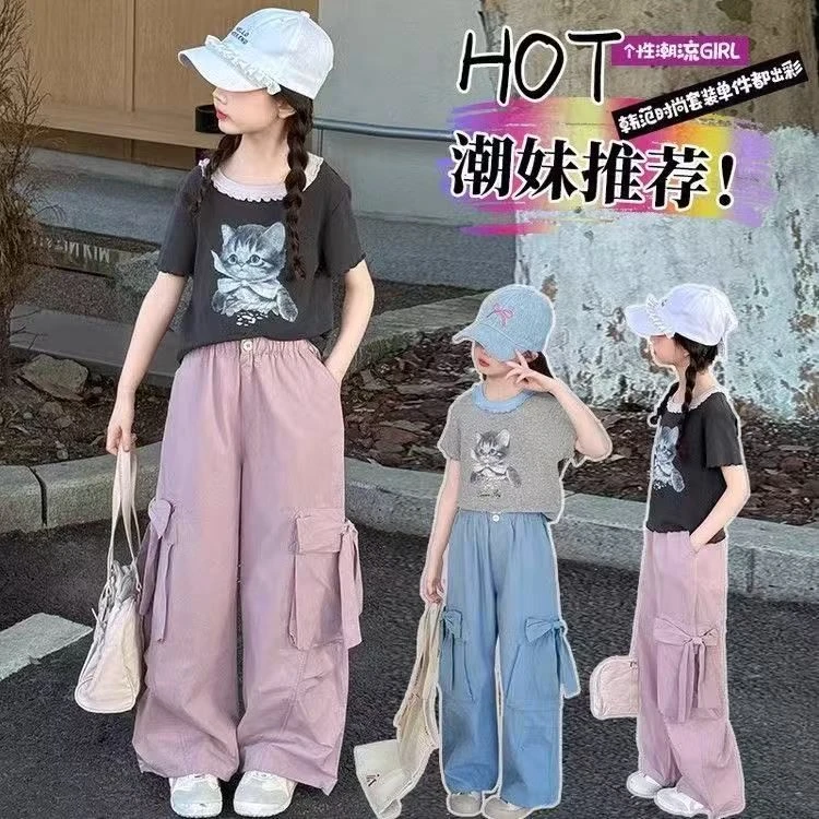 春夏新款女童撞色休闲套装时髦洋气中大童卡通猫咪拼接儿童两件套