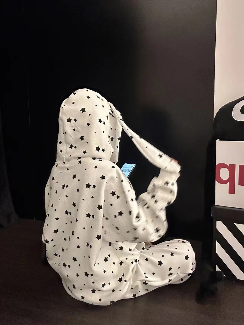 慵懒风星星印花套装睡衣女秋季款兔子连帽开衫长袖长大码裤家居服