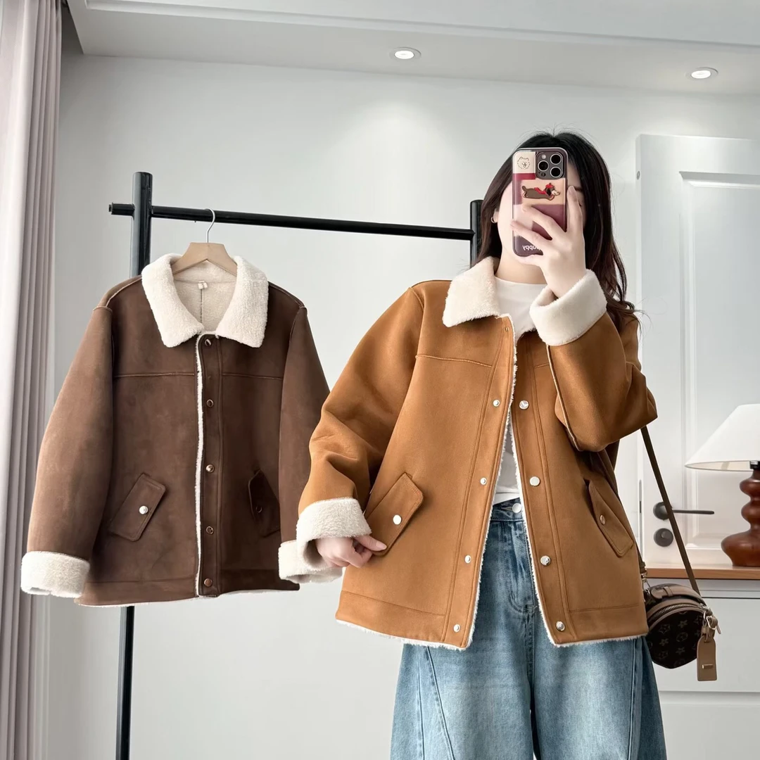 大码胖mm加绒加厚外套女2025秋冬新款时尚宽松翻领夹克上衣2527