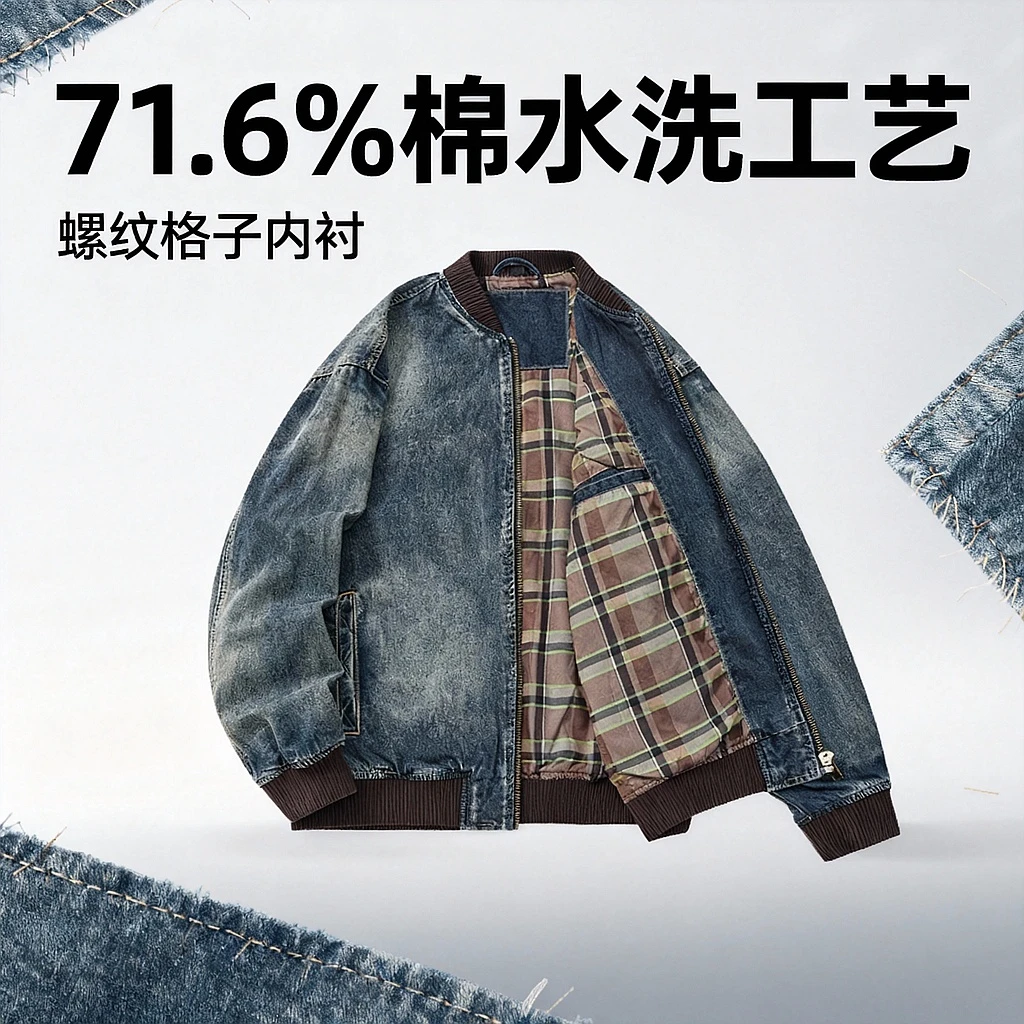 新款牛仔夹克男士男款罗纹棒球夹克服高端怀旧水洗格子内衬潮流男