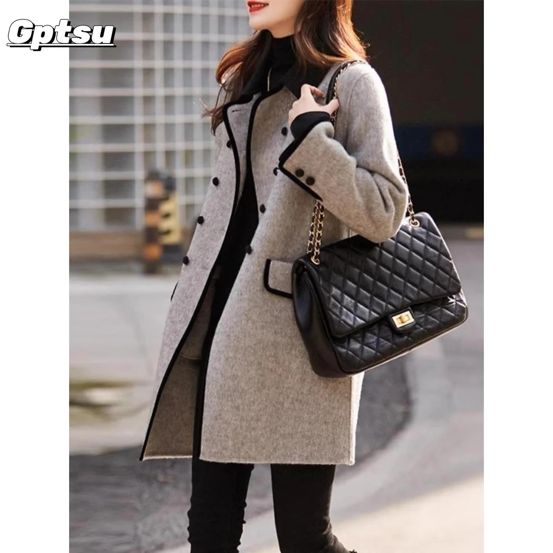 GPTSu双面毛呢风衣女装春秋冬季新款流行小个子气质中长外套大衣