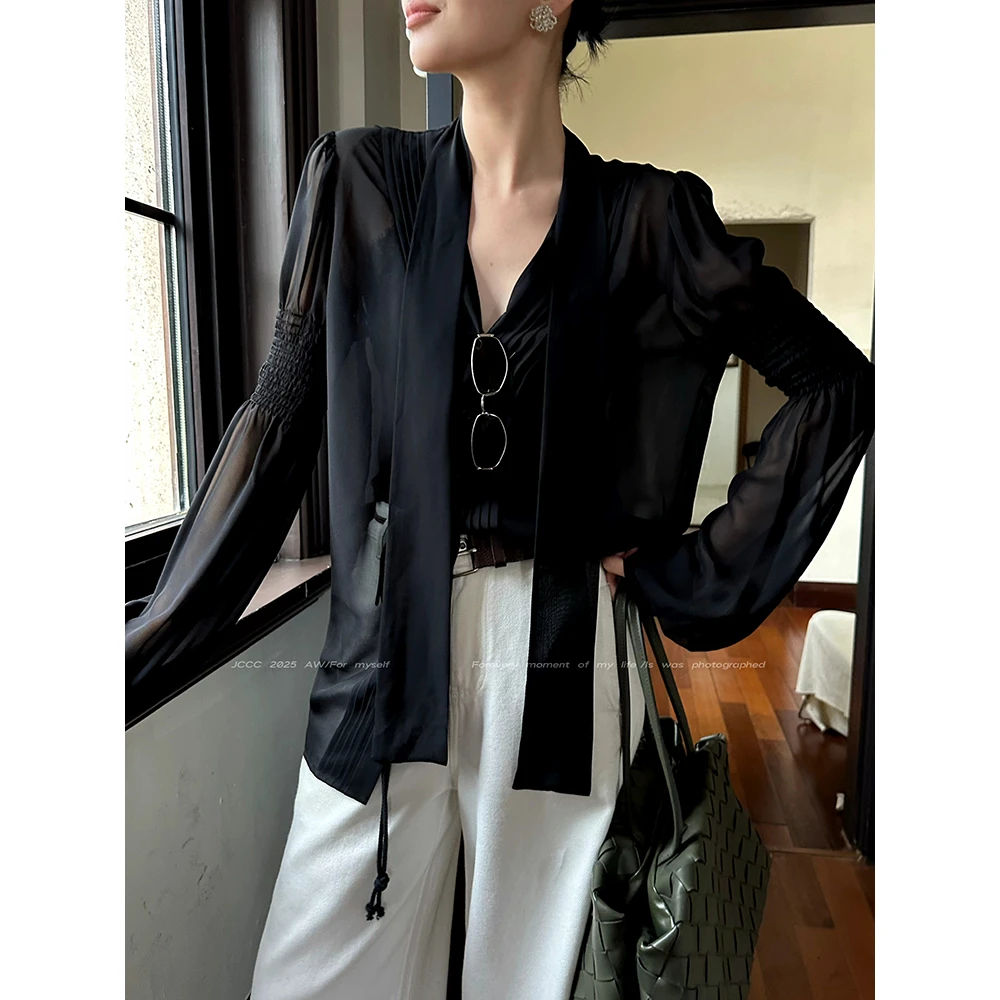 JCCC影子【午夜法典】黑色气质雪纺法式长袖衬衫JE5OST10