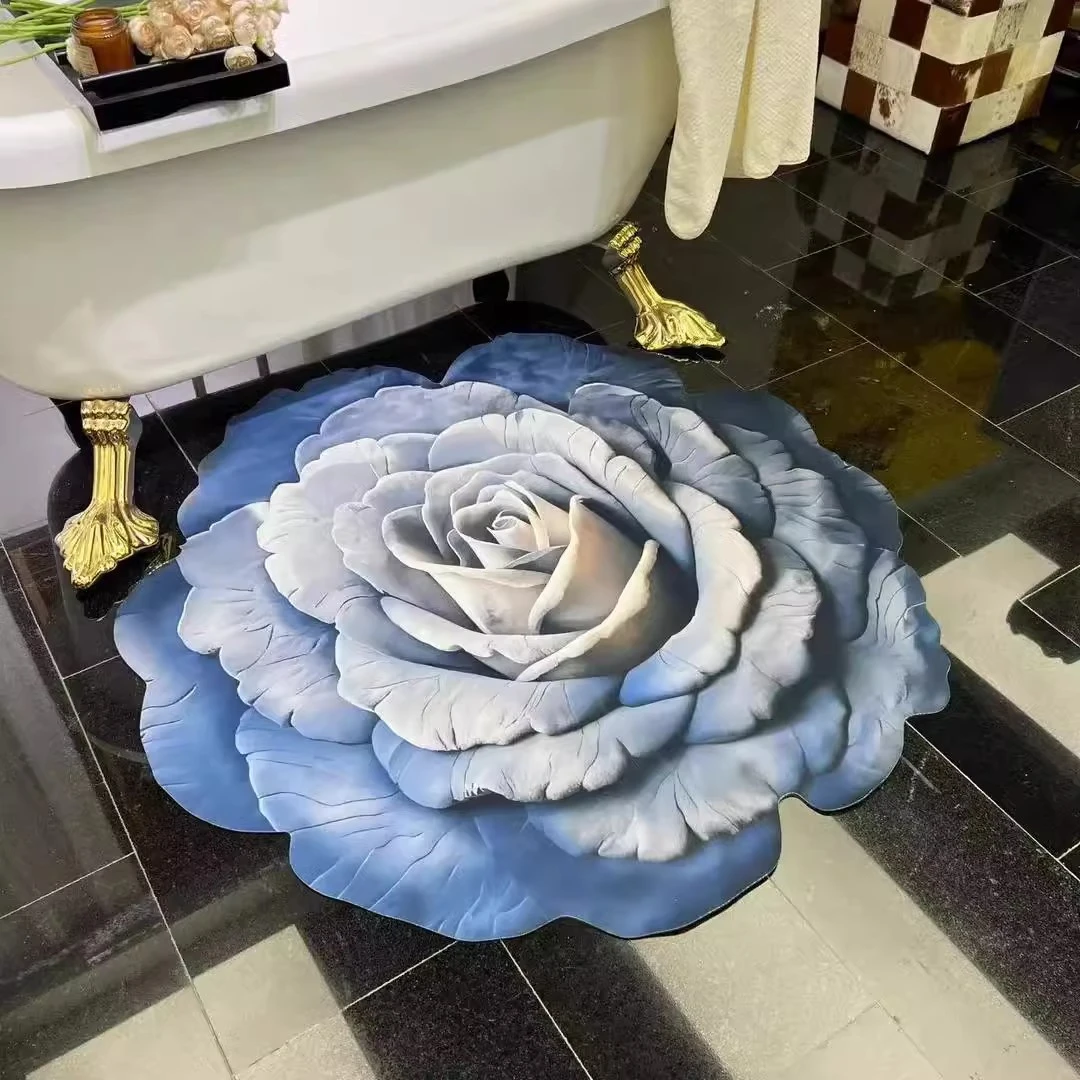 高档【蓝色妖姬】3D设计花卉立体玫瑰牡丹吸水地垫硅藻泥浴室速干垫
