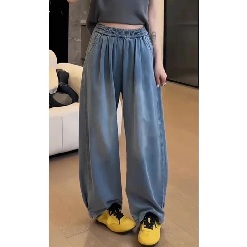 蓝色阔腿牛仔裤女2025新款春夏季流行大码胖mm宽松显瘦垂感拖地裤