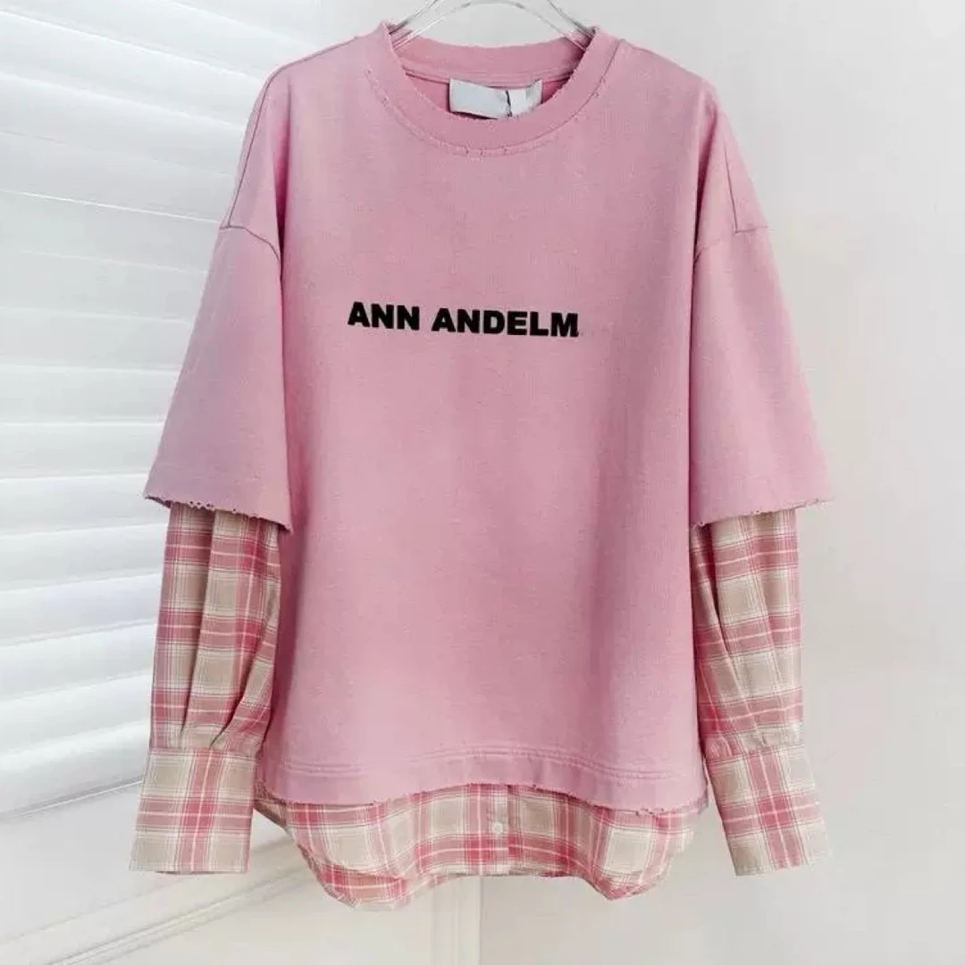 25101设计感小众拼接格纹假两件T恤女2025秋冬新款套头上衣中长款