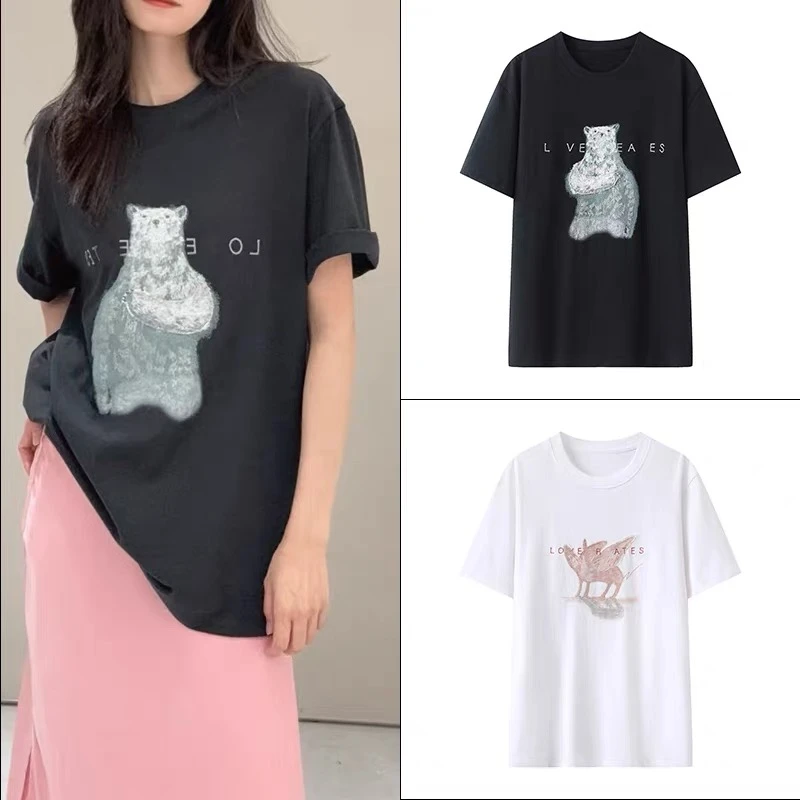 2293原单商场同款休闲时尚优雅气质简约宽松圆领动物印花短袖T恤